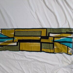 vintage scarf uana silk geometric green ochre 13" x 42.5"